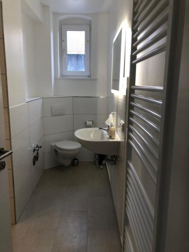 a white bathroom with a sink and a toilet at geräumige Ferienwohnung „Zum alten Forstamt“ in Clausthal-Zellerfeld