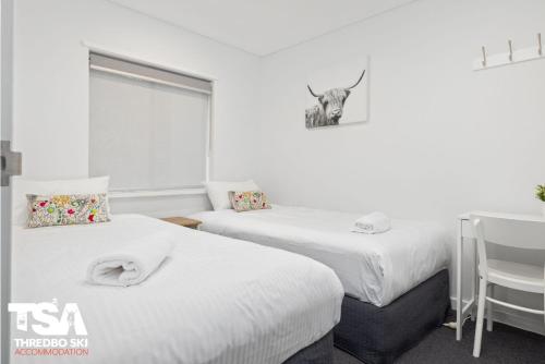 two beds in a room with a window and a chair at Mowamba B2 in Thredbo