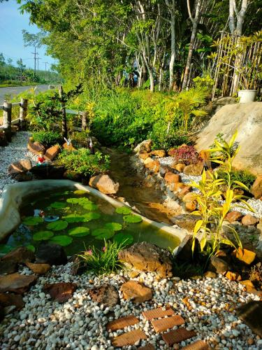 a small pond in the middle of a garden at Baan Namthip Homestay Trang บ้านน้าทิพย์ โฮมสเตย์ตรัง in Ban Huai To (1)