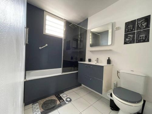EBT Housse, appartement, jacuzzi vue mer, 10 min aéroport et port في Baimbridge: حمام مع مرحاض وحوض استحمام ومغسلة