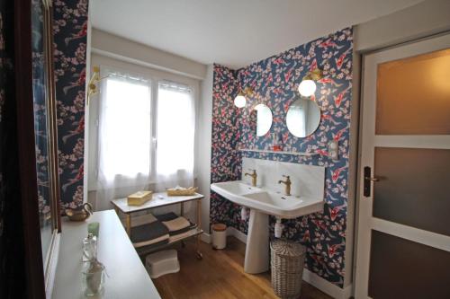 een badkamer met een wastafel en een spiegel bij Evasimone in Châteauponsac