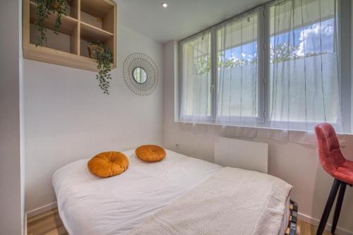 2 Kissen auf einem Bett in einem Zimmer mit Fenster in der Unterkunft Le Taillefer 4 - L'Oasis in Rhut