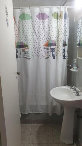 łazienka z zasłoną prysznicową i umywalką w obiekcie Departamento en Casco Historico de San Isidro w mieście San Isidro