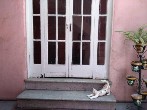 una statuina di gatto seduta davanti a una porta di Habitacion en el corazón de la Roma a Città del Messico
