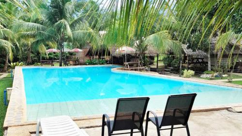 a large swimming pool with chairs and umbrellas at Eco Glamping Treehouses Closest Resort To All Tourist Attractions in Balilihan
