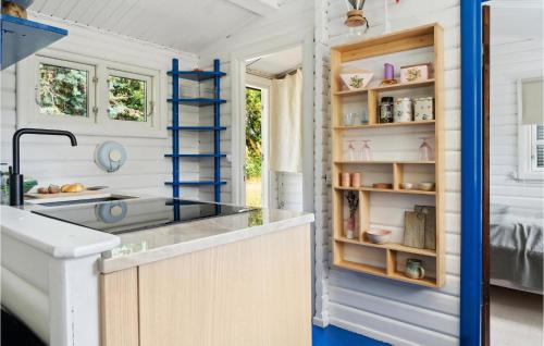 a kitchen in a tiny house with a sink and shelves at Nice Home In Holbk With Wifi in Holbæk