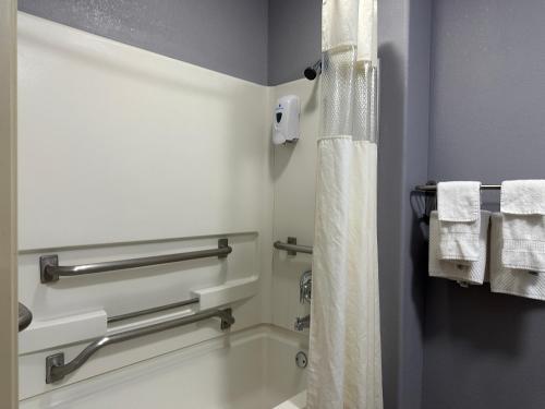 a bathroom with a shower and a toilet with towels at Rodeway Inn & Suites North Sioux City I-29 in North Sioux City