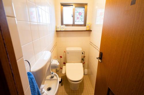 a small bathroom with a toilet and a sink at Wing Mihama in Chatan