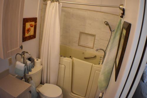 a bathroom with a tub and a toilet and a shower at Pelican's Roost, Waterfront comfort at Venture Out in Cudjoe Key