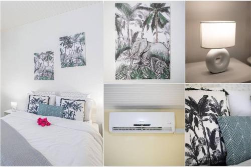 een collage van vier foto's van een slaapkamer met een bed bij Apt La Source - Plage à 5min - Nature & Calme in Les Trois-Îlets