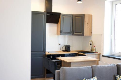 a kitchen with blue cabinets and a counter top at Modern apartment close to Katowice Center! in Katowice