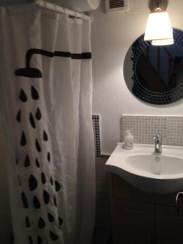 a bathroom with a shower curtain and a sink at Viewtyhouse in AthÃ©aton