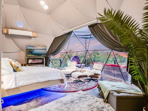 a bedroom with a tent with a bed and a plant at Udoscape Eco-Glamping Resorts in Lago Vista