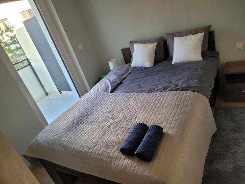 a bedroom with a bed with two pillows on it at apartament MT2 bursztynowe osiedle in Jantar