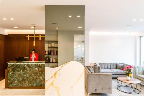 two images of a living room with a woman in a room at Summer Dream in Rethymno