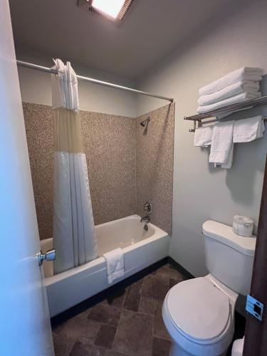 a bathroom with a shower and a toilet and a tub at BIGGS NU-VU MOTEL in Biggs Junction