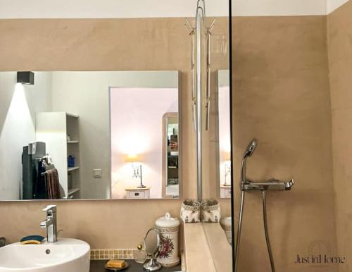 a bathroom with a shower and a sink and a mirror at Mas en pierre de 300m2, piscine, terrasse, 4 chbre in Sainte Anastasie - Aubarne