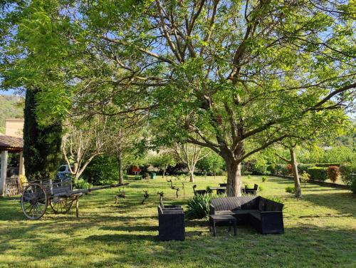 un parc avec des tables et des chaises sous un arbre dans l'établissement Maison au cœur des Baronnies, à Mollans-sur-Ouvèze