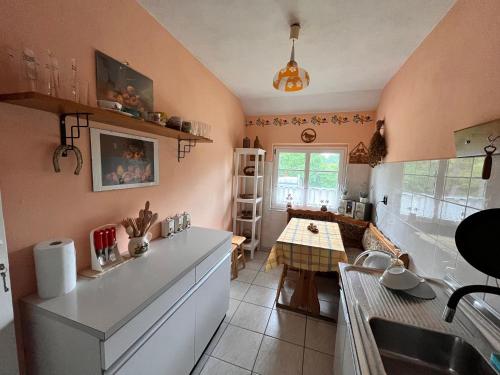 a kitchen with a sink and a table in it at Agroturystyka „U Rzeźbiarza” in Sławno