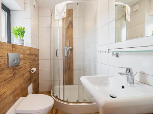 La salle de bains est pourvue d'un lavabo et d'une douche. dans l'établissement Grey Hill, à Szklarska Poręba