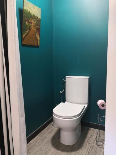 La salle de bains est pourvue de toilettes blanches dans un mur vert. dans l'établissement Gite La Tourelle Château de Montchevreau, à Cosne Cours sur Loire