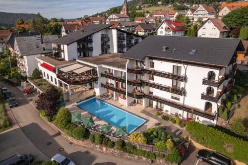 BSW Schwarzwaldhotel Baiersbronn في بايرسبرون: اطلالة جوية على منزل مع مسبح