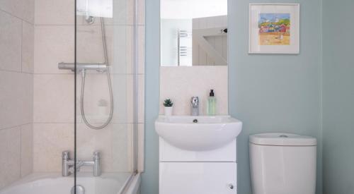 a bathroom with a shower and a sink and a toilet at Grassholme Cottage in Far Sawrey