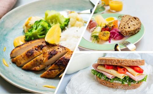 a collage of four pictures of food on a plate at Flexbase in Brekstad