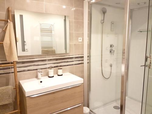 La salle de bains est pourvue d'un lavabo et d'une douche. dans l'établissement Villa de 6 chambres avec piscine privee jacuzzi et jardin clos a Beziers, à Béziers