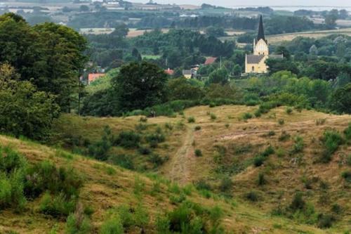 a grassy hill with a church in the distance at Lovely villa at the foot of the Funen Alps in Fåborg