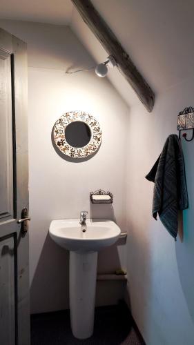 Un baño con un lavabo blanco y un espejo. en Gurski Guesthouse, en Mestia