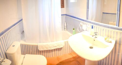 La salle de bains est pourvue de toilettes blanches et d'un lavabo. dans l'établissement 3 bedrooms house with city view balcony and wifi at Sevilla Penaflor, à Peñaflor