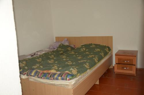 uma cama com um edredão verde e uma mesa de cabeceira em Ak-Kaiyn Summer Rest Place em Kaindy