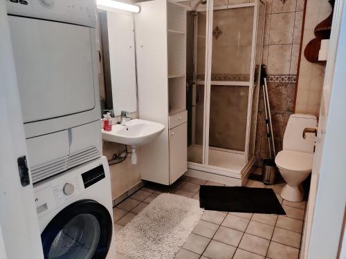 y baño con lavadora y lavamanos. en FeelHome Vestregata 3rd floor South, en Tromsø