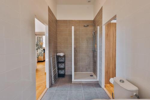 une salle de bain avec douche et toilettes dans l'établissement Domaine Grand Piquecaillou - Appartement Bordeaux, à Saint-Maixant