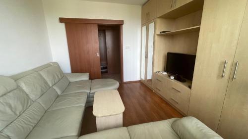 ein Wohnzimmer mit einem weißen Sofa und einem TV in der Unterkunft Apartmán Třeboň in Třeboň