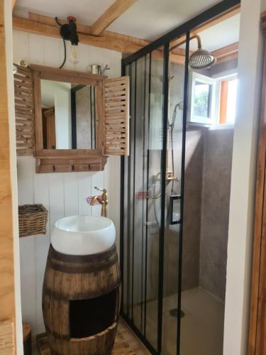 a bathroom with a sink and a shower at Les Milles Bottes et ses Roulottes in Encausse-les-Thermes