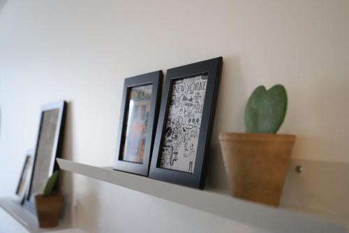 Une étagère avec trois photos et une plante sur elle dans l'établissement Le 23 de Louis, à Limoges