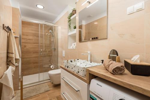 a bathroom with a shower and a toilet and a sink at Apartment City Peace in Rijeka