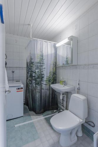 a bathroom with a toilet and a sink and a shower curtain at Haave Apartments in Valkeakoski