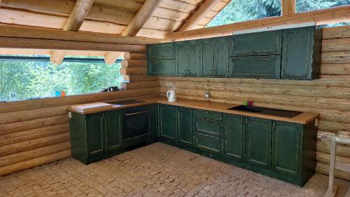 a kitchen with green cabinets in a wooden cabin at Maringotka Lesní Mlýn in Nový Rychnov