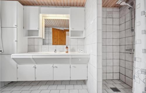 La salle de bains blanche est pourvue d'un lavabo et d'une douche. dans l'établissement Pet Friendly Home In Skrbk With House A Panoramic View, à Skærbæk
