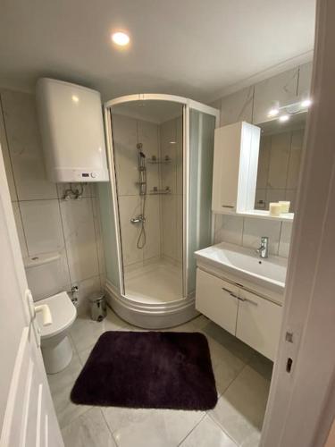 a bathroom with a shower and a toilet and a sink at Апартаменты 1+1 с выходом на бассейн in Kemer