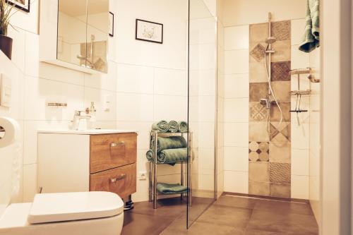 uma casa de banho com um chuveiro, um WC e um lavatório. em FEWO Leuchtturmidyll Harriersand em Schwanewede