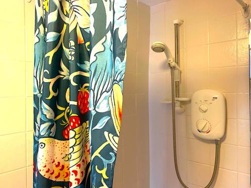 a shower in a bathroom with a shower curtain at Spacious Georgian Apartment, Central Barnard Castle. in Barnard Castle