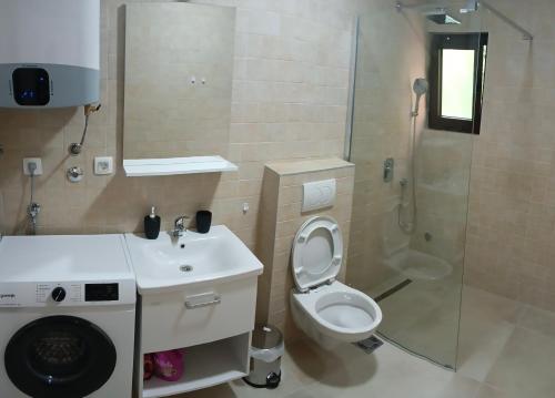 e bagno con servizi igienici, lavandino e doccia. di MIA CASA Apartmens a Budua