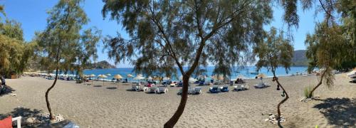 a beach with chairs and umbrellas and the water at Yildiz Ahşap Evleri in Datca