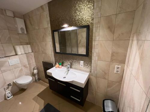 a bathroom with a sink and a toilet and a mirror at Cityapartment24 bei Hauptbahnhof in Bremen