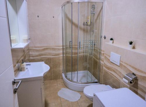 La salle de bains est pourvue d'une douche, de toilettes et d'un lavabo. dans l'établissement F12 Apartments, à Zagreb