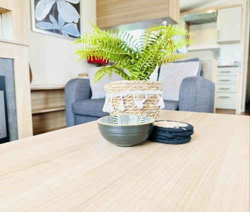 a table with a bowl and a plant on it at Cosy Corner in Filey